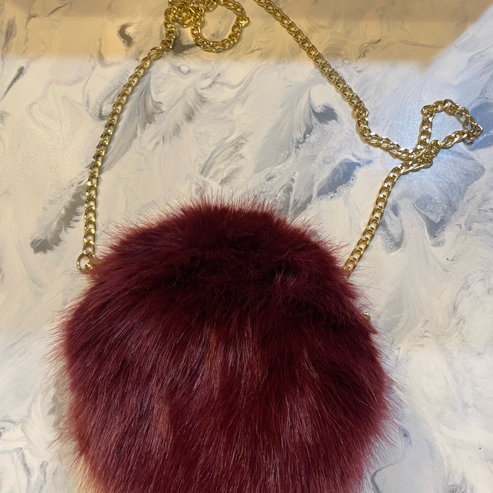 Lulu’s Luxurious Maroon Faux Fur Crossbody Bag with Gold Chain